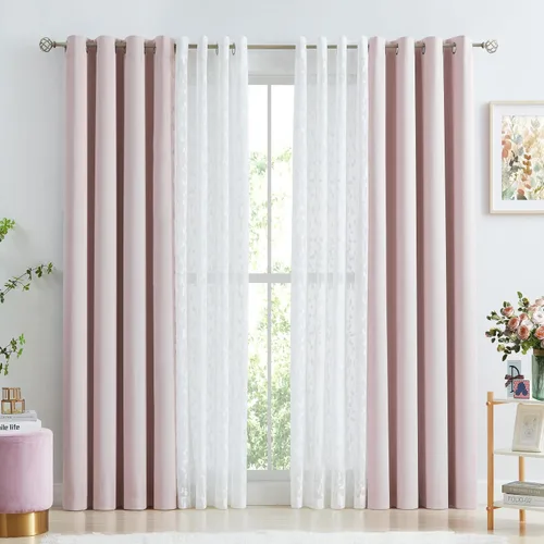 Vista 18 de Jubilantex Cortinas opacas completas + paneles de ventana transparentes con hojas, juego de tratamiento de ventana de doble capa estilo mezcla