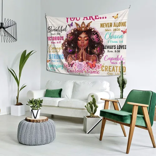 Vista 4 de QOQIOSOC Tapiz personalizado para mujer negra con nombre, tapiz para colgar en la pared de yoga afroamericano, meditación, tapiz para colgar