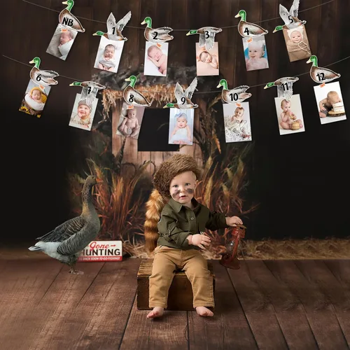Vista 3 de Cartel de fotos de 1er cumpleaños de pato mallardo, cartel con imagen temática de pato de recién nacido a 12 meses, registro de crecimiento