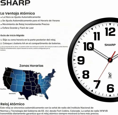 Vista 5 de Sharp - Reloj de pared atómico de 12 pulgadas, funciona con pilas, color blanco con marco negro