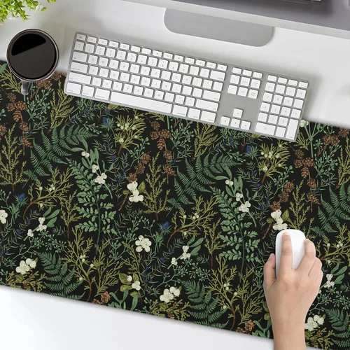 Vista 7 de Alfombrilla de mouse negra estética vintage para juegos botánicos, extendida, bonita planta verde bosque, naturaleza, floral, grande