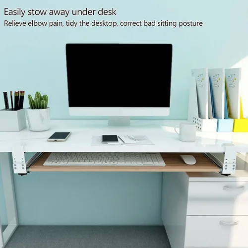 Vista 4 de Bandeja para teclado debajo del escritorio, plataforma deslizante, estante para cajón de mesa de computadora, soporte ajustable para brazo de codo