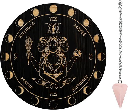 Vista 10 de AHANDMAKER Tabla de péndulo de bruja de 7.8 pulgadas, plancha de madera para radiestesia con péndulos de cristal de cuarzo rosa, herramientas
