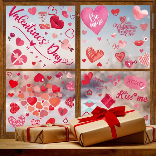 Vista 3 de 9 hojas de calcomanías para ventana del día de San Valentín, calcomanías de doble cara para ventana, diseño de labios rojos con corazón rosa