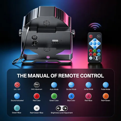 Vista 7 de U`King Paquete de 4 con bolsa, 36 luces LED de escenario, 7 modos de luces RGB par con sonido activado DMX512 Control DJ Uplighting para fiesta