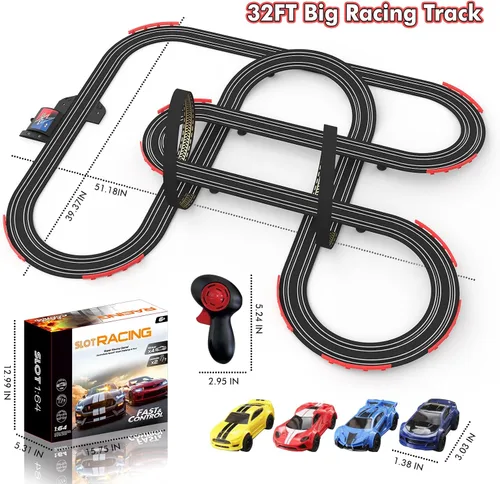 Vista 6 de Sets de pista de carreras de coches de ranura de 32 pies con alimentación eléctrica para niños y niños, carreras dobles con 4 coches de alta
