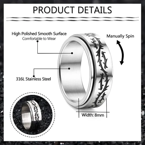 Vista 3 de FIBO STEEL Anillo giratorio de acero inoxidable para hombres y mujeres, anillos de ansiedad para aliviar el estrés de boda, anillo de promesa