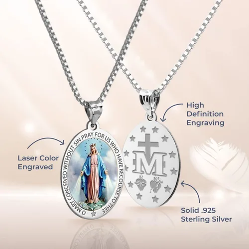 Vista 2 de Picturesongoldcom Collar de medalla milagrosa católica con colgante ovalado para mujeres y hombres hecho en oro amarillo o blanco de 10 K14 quilates