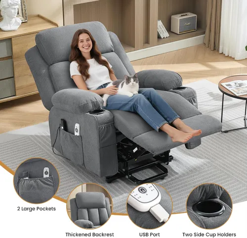 Vista 3 de Silla reclinable de gran tamaño con masaje y calor para ancianos, silla reclinable extra ancha con bolsillo lateral, silla elevadora eléctrica con 2