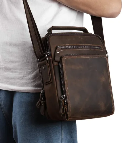 Vista 4 de Bolso bandolera pequeño de cuero genuino para hombre, bolso cruzado de hombro vintage para trabajo, negocios, viajes
