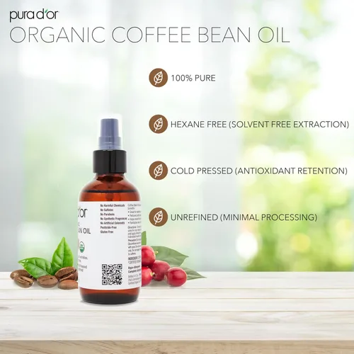 Vista 3 de PURA D'OR Aceite de grano de café orgánico de 3.38 onzas – 100% puro certificado por la USDA, humectante natural de grado premium, prensado en frío
