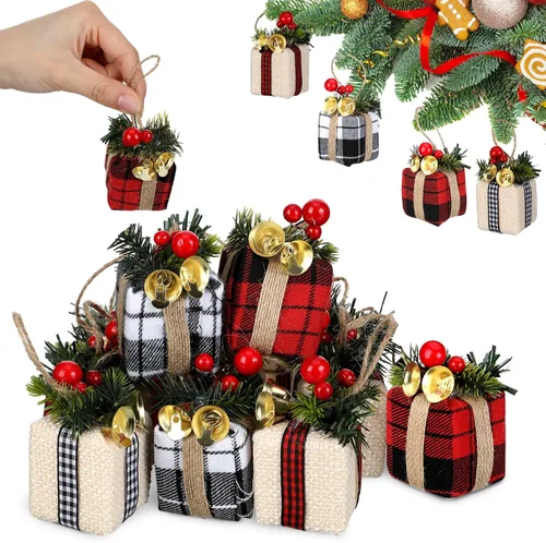 Vista 9 de Panelee 12 Piezas Cajas de Regalo de Árbol de Navidad Adornos Mini Adornos Rojos y Verdes Paquetes Envueltos de Navidad con Campana Bayas Rojas