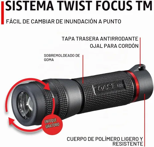 Vista 6 de Coast GX10 - Linterna LED compacta y resistente al agua de 550 lúmenes con doble alimentación, mango con textura de agarre, 4 modos de luz, enfoque