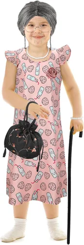 Vista 5 de 20 piezas de disfraz de anciana de Halloween para abuela, peluca de abuelita, vestido de tatuajes antiarrugas con rodillos, gafas de caña y collar