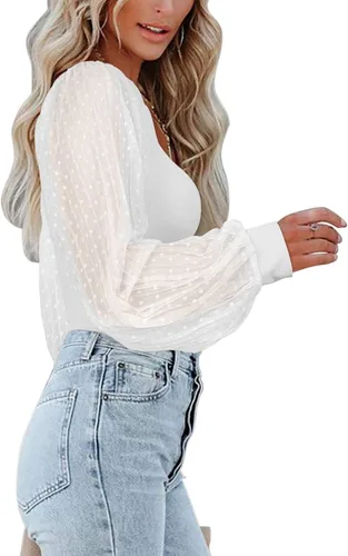 Vista 3 de PINKMSTYLE Body de manga larga con cuello cuadrado para mujer, con lunares, traslúcido, básico