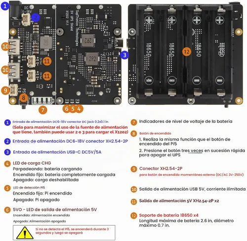 Vista 3 de Geekworm X1202 5V UPS placa de expansión para Raspberry Pi 5, entrada ancha