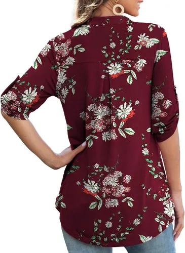 Vista 3 de Othyroce - Blusa estilo túnica con estampado floral para mujer, manga 34 enrollable, cuello en V