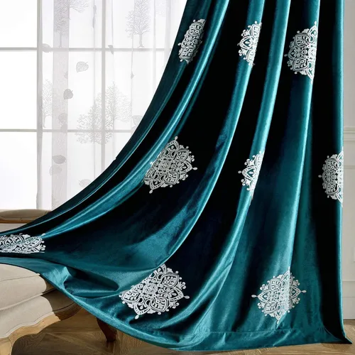 Vista 23 de VOGOL Cortinas opacas bordadas para sala de estar, paneles de cortina de terciopelo azul para dormitorio, 52 x 63 pulgadas, 2 paneles