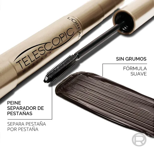 Vista 4 de L'Oreal Paris Makeup Telescopic Original Alargamiento, máscara separadora de pestañas con cepillo de doble precisión, lavable, negro, 0.27 onzas