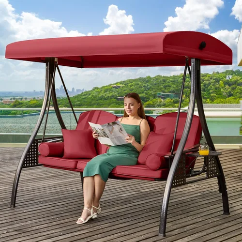 Vista 12 de Columpio de porche para exteriores 3 en 1 con toldo ajustable, columpio de 3 asientos para adultos, columpio de patio con cojines gruesos, almohadas