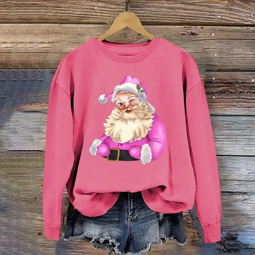 Vista 2 de YFJRBR Sudadera navideña de Papá Noel para mujer, cuello redondo, casual, estampado de Papá Noel, manga larga, sudadera sin botones
