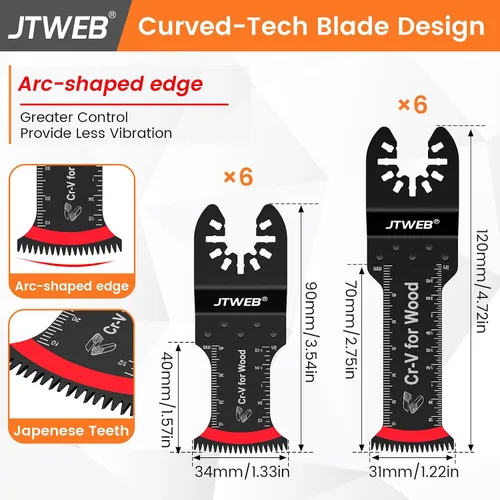 Vista 2 de JTWEB Hojas de sierra oscilantes de dientes japoneses de madera, 12 piezas estándar y de alcance extra largo con borde en forma de arco, cuchillas