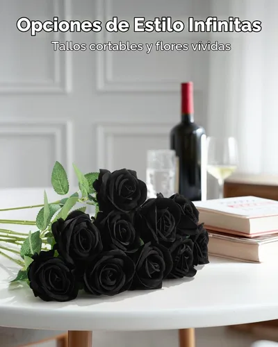 Vista 3 de InnoGear 50 unidades de rosas negras artificiales, rosas de terciopelo de seda falsas a granel, flores artificiales para decoración, ramos de boda