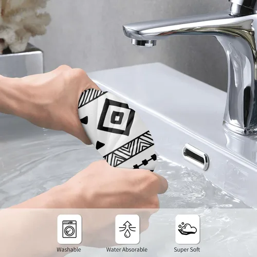 Vista 5 de Juego de 2 toallas de mano en blanco y negro para baño, estilo tribal nativo americano, azteca, étnico, bohemio, suave, absorbente, pequeña, toalla