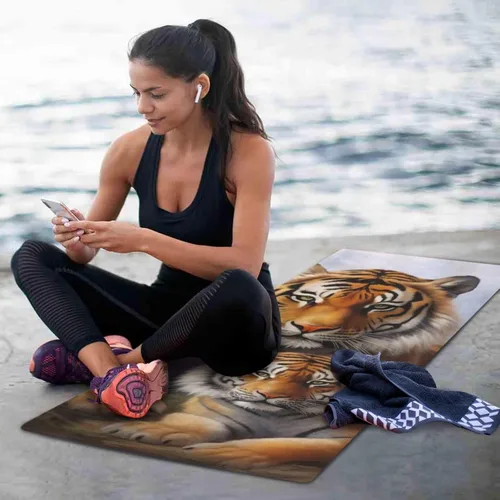 Vista 6 de Kigai Tiger on Grass - Tapete de yoga antideslizante – Esterilla plegable de viaje con bolsa de almacenamiento para todo tipo de yoga, pilates