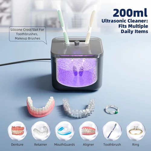 Vista 4 de Máquina limpiadora ultrasónica de retenedores, limpiador de dentaduras, limpiador dental y de joyas todo en uno para alineadores, protectores