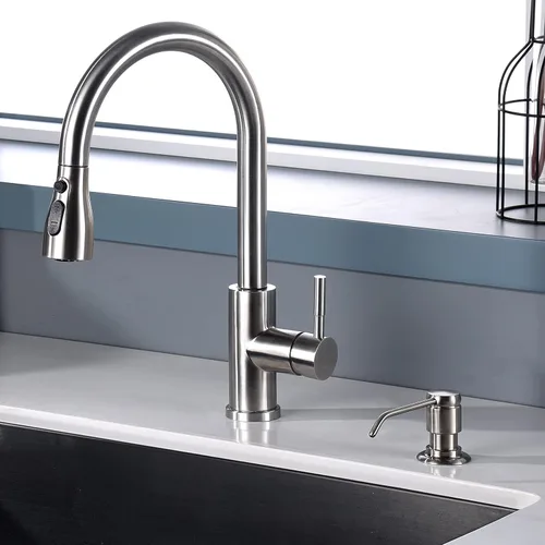 Vista 2 de GAGALIFE Dispensador de jabón para fregadero de cocina (níquel cepillado) y kit de tubo de extensión, cabezal completo de latón, tubo de silicona