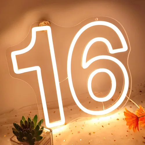 Vista 4 de Planzo 16 Dieciséis LED Neon Sign Light 16th Birthday Party Gift Decoración de pared Backdrop Bedroom Living Room Neon Light Sign Decor, Happy