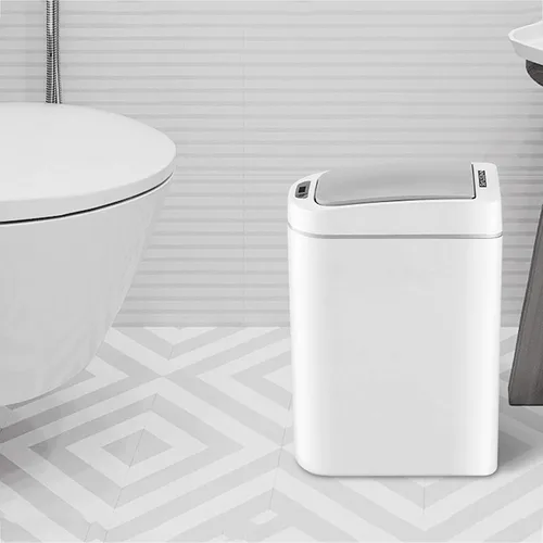 Vista 7 de Cesta de basura de 1.8 galones, impermeable, pequeño cubo de basura de plástico estrecho para baño, bote de basura sin contacto, funciona con 2