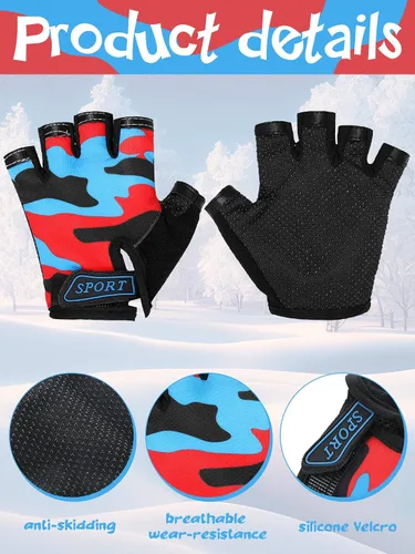 Vista 4 de Boao 3 pares de guantes de medio dedo para niños guantes de deporte antideslizantes de gel para niños Ciclismo de montar en bicicleta, azul, gris