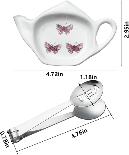 Vista 2 de Juego de 6 posavasos de cerámica blanca para bolsitas de té y exprimidor de bolsas de té de acero inoxidable (estilo 1)