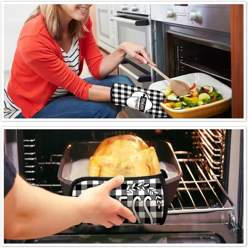 Vista 6 de Juego de 5 toallas de cocina a cuadros de búfalo, guantes de horno y soporte para ollas, toallas de cocina en blanco y negro, almohadillas calientes