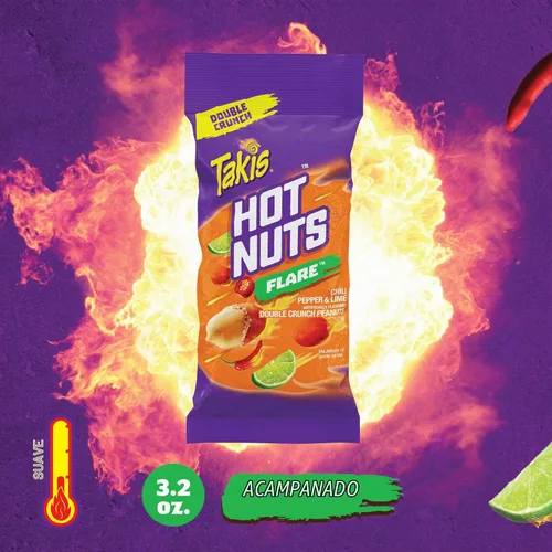 Vista 3 de Takis Hot Nuts Flare - Cacahuetes dobles crujientes, chile y lima, cacahuetes con sabor artificial, bolsa de 3.2 onzas