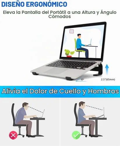 Vista 3 de Soporte para computadora portátil para escritorio, elevador de aluminio ventilado para laptop, color negro