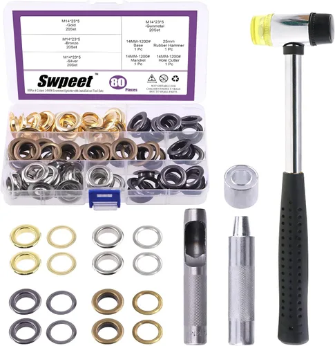 Vista 19 de Swpeet 204 piezas – 100 juegos de ojales de agujero de 1/2 pulgada (0.472 in) gruesos de 4 colores ojales de metal ojales y 3 piezas de herramienta