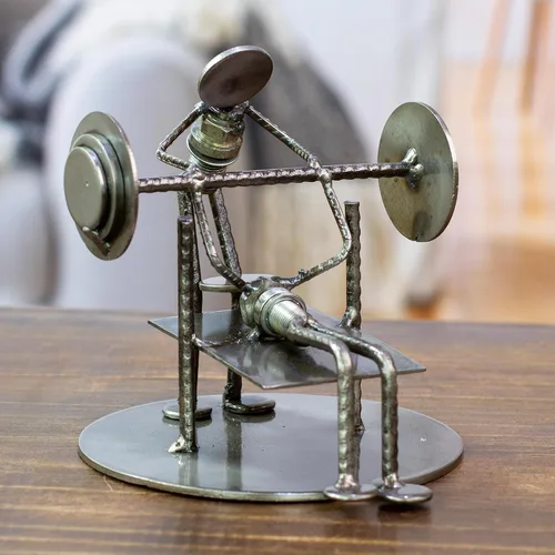 Vista 2 de NOVICA Escultura reciclada del hierro del tema de los deportes de las piezas de automóvil, 6,25" alto 'levantador de pesas rústico