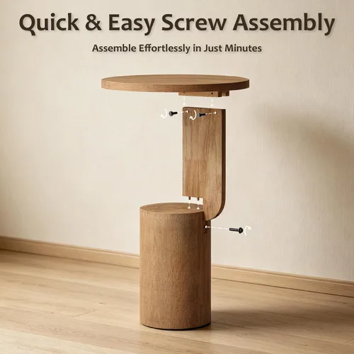 Vista 10 de COZAYH Farmhouse - Mesa alta para bebidas con base de diseño geométrico, natural Mesa auxiliar minimalista moderna redonda de madera en forma de C