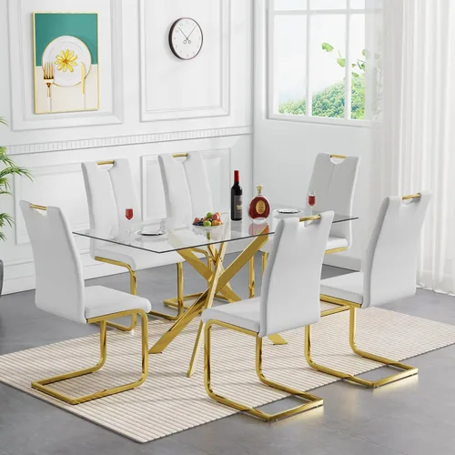 Vista 16 de Juego de mesa de comedor de cristal de 5 piezas para 4, moderno juego de mesa de cocina rectangular de vidrio templado transparente de 51.18