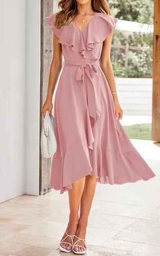 Vista 2 de PRETTYGARDEN - Verano 2024, vestido cruzado por debajo de la rodilla para mujer, con cuello en V profundo, estilo bohemio, floral, manga corta