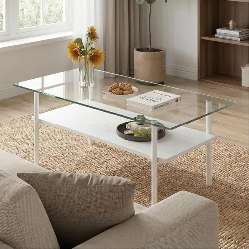 Vista 9 de IANIYA Mesa auxiliar rectangular de vidrio templado, patas de tubo de metal, mesa auxiliar para sala de estar (todo negro)