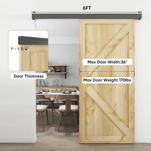 Vista 7 de JUBEST Kit de Herraje para Puerta de Granero de 6 Pies, Herraje de Caja de Aleación de Aluminio, Riel de Puerta Corredera de Baja Altura para Puerta