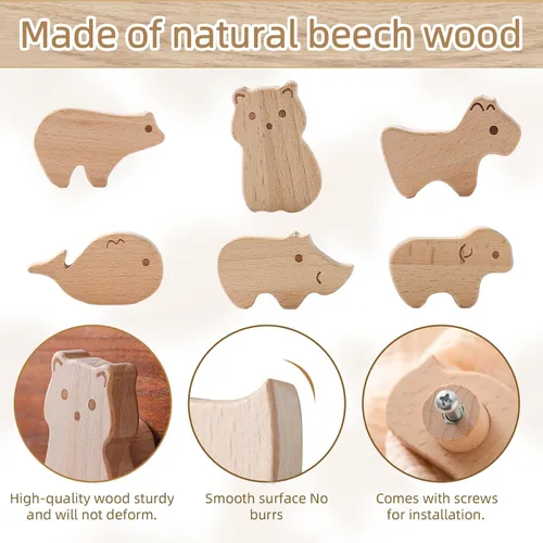 Vista 2 de Mamimami Home Pomos de madera para cajones con tornillos, mango redondo para muebles para habitación de niños, 6 unidades, asas de madera