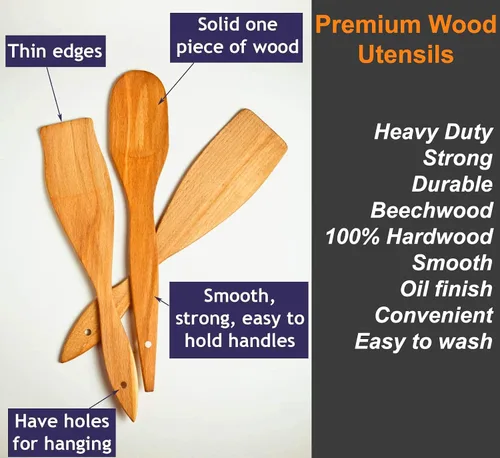 Vista 5 de ECOSALL 6 cucharas de madera para cocinar, hechas en Ucrania, cucharas de espátula de madera antiadherentes 100% naturales y saludables, juego