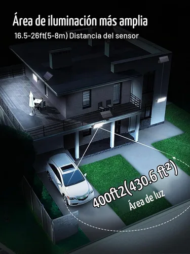 Vista 5 de 400 luces solares LED para exteriores, 3 modos y control remoto, sensor de movimiento, luz al aire libre, luces de inundación solares impermeables