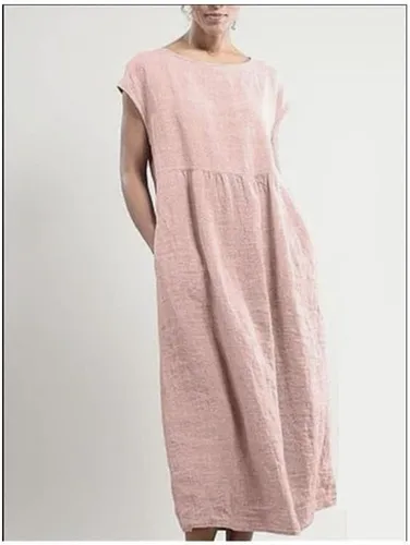 Vista 2 de Vestido de lino y algodón para mujer, para verano, playa, casual, holgado, sin mangas, cuello redondo, holgado, con bolsillos