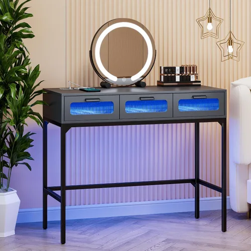 Vista 9 de Gurexl Escritorio LED de maquillaje con luces, juego de tocador con estación de carga, tocador LED con 3 cajones de almacenamiento para dormitorio